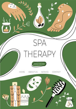 Vector illustration with layout landing page, home page on topic Spa therapy. Elements for taking care body are shown against background of button templates, labels.のイラスト素材