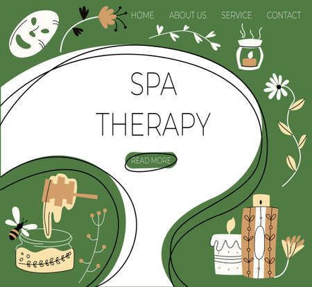 Vector illustration with layout landing page, home page on topic Spa therapy. Elements for taking care body are shown against background of button templates, labels.のイラスト素材