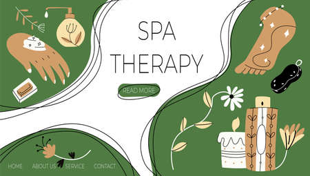 Vector illustration with layout landing page, home page on topic Spa therapy. Elements for taking care body are shown against background of button templates, labels.のイラスト素材
