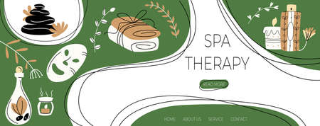 Vector illustration with layout landing page, home page on topic Spa therapy. Elements for taking care body are shown against background of button templates, labels.のイラスト素材