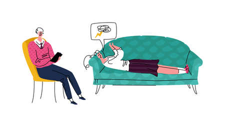 Vector appointment psychotherapist, psychologist. Patient is lying on sofa, expressing emotion anger in form of thundercloud symbol in speech bubble. It is helped by specialist who writes down card.のイラスト素材