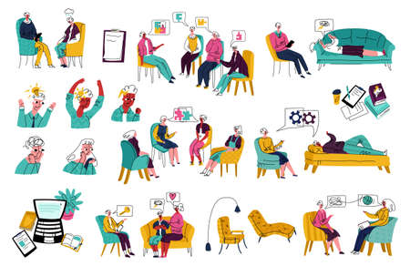 Vector set images on topic psychology, psychotherapy. Shows sessions with adults, children, group men, women. There are separate elements of items for table, tablet, books, laptop, people s emotions.のイラスト素材