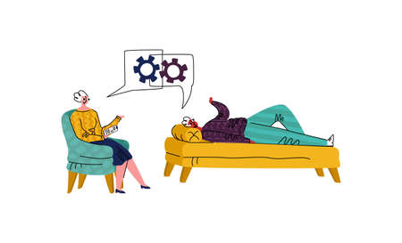 Vector illustration with reception from psychologist, psychotherapist. Specialist is shown helping patient solve problem. Concept of psychological and mental health.のイラスト素材