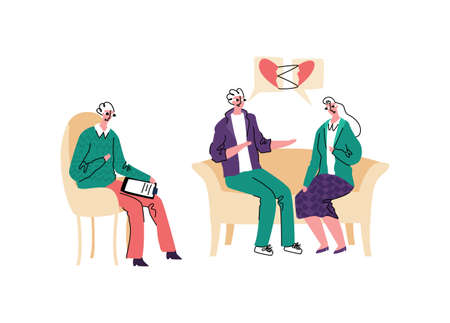 Vector illustration with reception psychotherapy for married couple who are in period of conflicts and problems. Patients come to an agreement.のイラスト素材