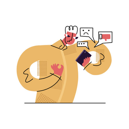 Vector flat illustration with concept of bullying, aggression, swearing, dislike online. Man is shown looking at phone with dislike and anger.のイラスト素材