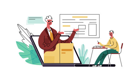 Vector flat illustration concept online, distance learning at home for children. Enlarged abstract gadget that broadcasts video teacher leading lesson is shown. Student sits at table conducts dialogueのイラスト素材