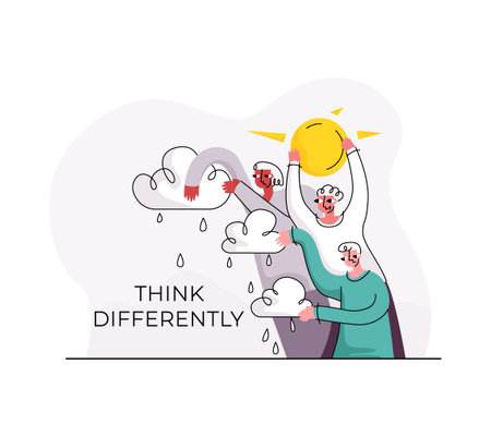 Vector illustration concept of thinking differently, ideas, discoveries, individuality, optimism, creativity. There are sad characters holding rain clouds in their hands, one happy person holding sun.のイラスト素材