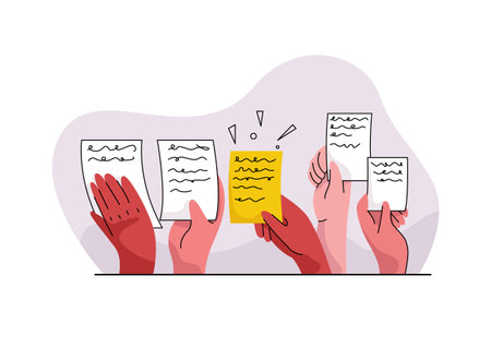 Vector illustration concept of thinking differently, ideas, discoveries, individuality, optimism, creativity. Hands are shown holding sheets paper, documents, one of them holding another, special.のイラスト素材