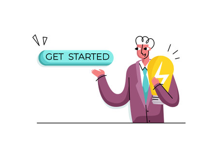Vector isolated illustration concept of CTA buttons. Button with inscription is drawn get started, character holding burning light bulb as idea.のイラスト素材