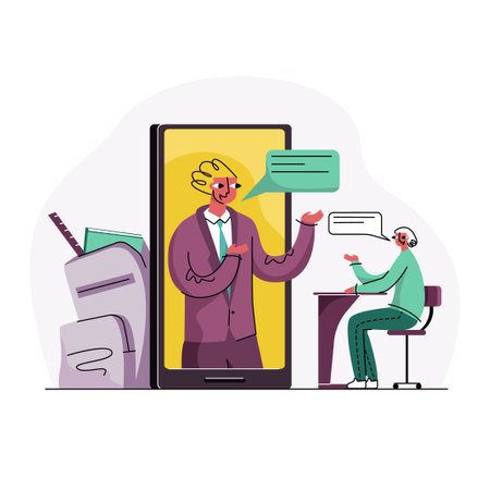 Vector illustration with concept of online learning, remote webinars, conferences, seminars, lectures. Student is shown studying at home with online teacher from phone screen.のイラスト素材