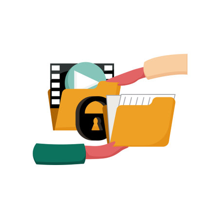 Vector illustration concept information exchange, share, collaboration, secure storage of documents in cloud, Internet. Abstract hands are shown passing folders with information on background lock.のイラスト素材