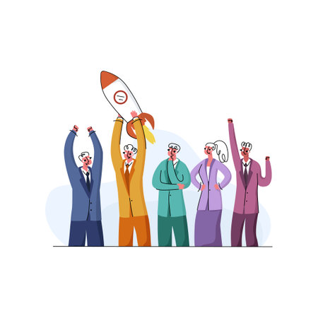 Vector illustration with concept of promotion, startup, business opening, progress. Office workers are depicted, one of them holding rocket taking off.のイラスト素材