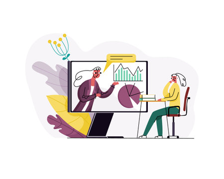 Vector illustration with concept of online learning, remote webinars, conferences, seminars, lectures. Student is shown studying at home with online teacher from monitor screen.のイラスト素材