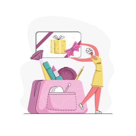 Vector flat illustration concept gift cards, sweepstakes, greetings, holidays, attracting customers from cosmetics companies. Woman is shown holding gift card. Enlarged cosmetic bag is in background.のイラスト素材