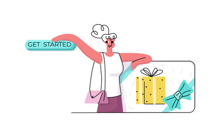 Vector isolated illustration CTA button. Woman is depicted, customer with enlarged gift card. You can use it in web design when working with CRO.のイラスト素材