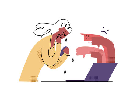 Vector flat illustration concept bullying, aggression, anger in comments, social networks, online. Image shows woman who is scared, worried about bad, aggressive responses comments in form of hand gestures.のイラスト素材