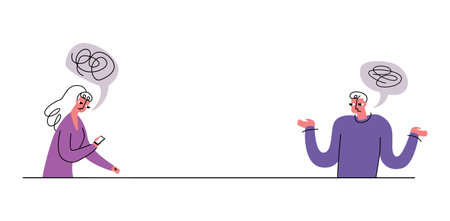 Vector illustration concept discussion, problem solving, brainstorming. There are two characters talking nonsense in conversational bubbles. There is empty space for text.のイラスト素材