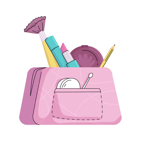 Vector isolated illustration with concept of cosmetics, makeup, face care, skin care, beauty, makeup. here is an enlarged cosmetic bag with contents.のイラスト素材