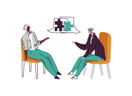 Vector flat illustration metaphor with concept of interaction, communication, joint decision making. Two men are depicted, talking bubbles, abstract assembled puzzle.のイラスト素材