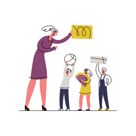 Vector flat illustration concept children s development, creativity, learning, individuality, self activity. It shows female educator, teacher holding abstract figure, children also hold their objectsのイラスト素材