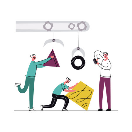 Abstract flat vector illustration metaphor with concept of collaboration, partnership and solving problems together. Colleagues are shown assembling an abstract figure. Business communication.のイラスト素材