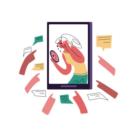 Vector flat illustration with concept cyber bullying, gaslighting, aggression online. Woman is depicted in display of mobile phone, subscribers point at her with their finger.のイラスト素材