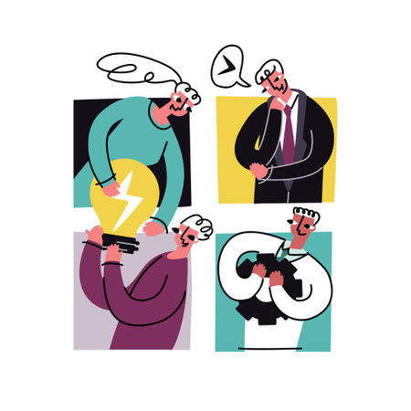 Vector flat abstract illustration with concept working together, solving problems together, working team. People are depicted exchanging symbols of success, work on background of abstract window.のイラスト素材