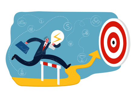 Vector flat illustration metaphor businessman with light bulb in his hand, briefcase. He jumps over obstacle, runs along abstract arrow up to goal. Background symbols success.のイラスト素材