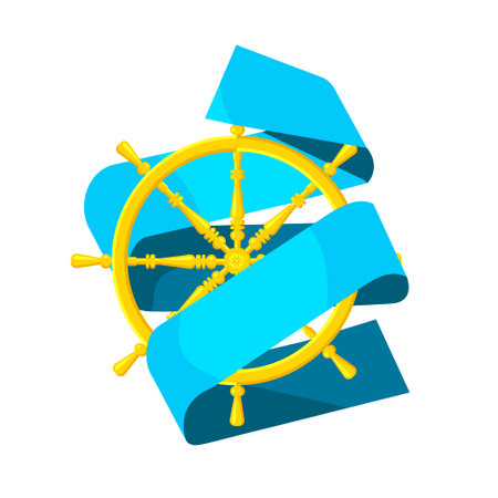 Vector cartoon isolated metaphor illustration with vintage gold steering wheel. White background with blue folded ribbon.のイラスト素材