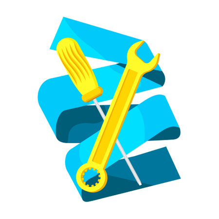 Vector cartoon isolated metaphor illustration with gold screwdriver and wrench. White background, blue folded ribbon.のイラスト素材