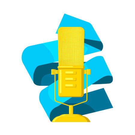 Vector cartoon isolated metaphor illustration with gold microphone. White background, blue folded ribbon. Concept of podcast, business.のイラスト素材