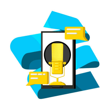 Vector abstract isolated illustration metaphor screen of mobile phone, correspondence, comments. Background is white with blue folded ribbon. Concept podcasting, social networks, online broadcasting.のイラスト素材