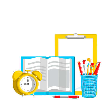 Vector illustration with tablet for writing, stationery, book, alarm clock. There is empty space for text. Concept of training, school, study.のイラスト素材