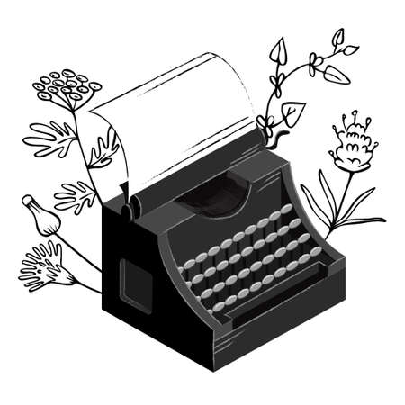 Vector isometric isolated illustration with typewriter, blank sheet, plant background in form of drawn doodles. Concept literature, writing, typography.のイラスト素材