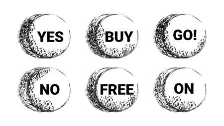 Vector drawn illustration with set, collection of circular three dimensional texture buttons for web design, websites. Design concept.のイラスト素材