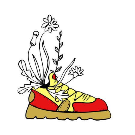 Vector isolated, decorative, abstract illustration drawn, doodles with image of sports shoes with plants, flowers. Concept sportswear, sneakers, romance.のイラスト素材