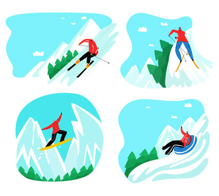 Vector man rolling down mountain on inflatable snow tube, skiing, snowboarding. Background of mountains, spruce forest. Space for text. Concept ski resort, tourism, winter, extreme sports.のイラスト素材