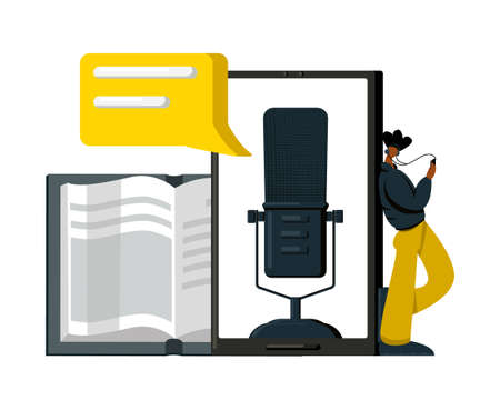 Vector illustration of metaphor enlarged book, smartphone with microphone on screen, character in headphones holding mobile phone. Concept audio books, podcasts, radio.のイラスト素材