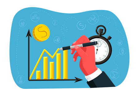 Vector illustration metaphor hand holding pen drawing graph with up arrow. Abstract blue background with linear drawn business elements. Concept success, development, planning, analytics.のイラスト素材