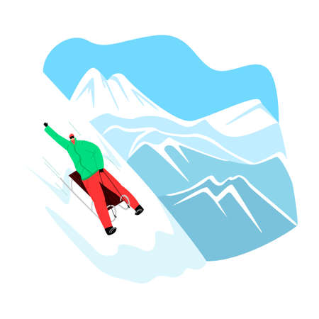Vector illustration with character rolling down slope on sled against panorama of snowy mountain peaks. Concept ski resort, outdoor activities, winter sports.のイラスト素材