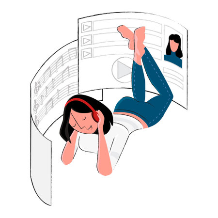 Vector isolated illustration young woman listening to music with headphones. It is surrounded by abstract elements audio playback, home page in social network, sheet music, notes.のイラスト素材