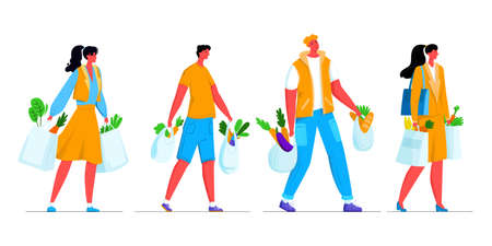 Vector illustration with set, collection of customers walking with products. Concept purchases, products.のイラスト素材