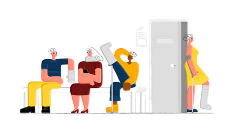 Vector illustration with patients waiting in line for doctor. They have broken limbs in plaster casts. Concept traumatology, medicine.のイラスト素材
