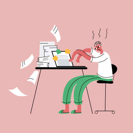 Vector isolated simplified illustration of tired man working at home online, at laptop. Concept remote work, deadline, burnout, stress.のイラスト素材