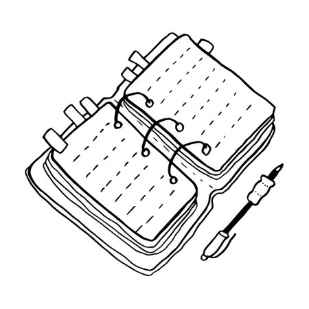 Notebook with bookmarks and pen are shown.のイラスト素材