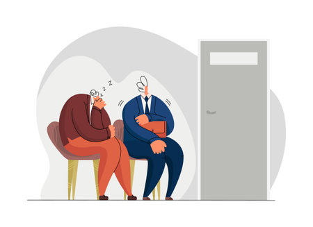 characters waiting for their turn in front of doorのイラスト素材