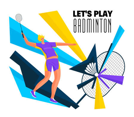 Vector illustration logo with male badminton player in motion on court. Separately, an enlarged racket with shuttlecock is depicted on abstract dynamic background. Concept sports, activities, hobbies.のイラスト素材