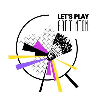 Vector illustration logo with close up of racket hitting shuttlecock in motion on an abstract dynamic background. There is an empty space for the text. Concept game of badminton, sports.のイラスト素材