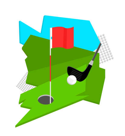Vector flat isolated logo illustration with image of golf club, ball, hole with red flag on green abstract grass. Concept playing golf, tournament sports, outdoor activities, training, relaxation.のイラスト素材