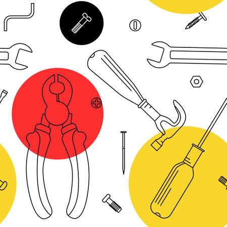 Vector linear pattern with construction tools on background of circles. Pictured is hex screwdriver, screw nail, hammer, linemans pliers, wrench, screwdriver. Concept construction, repair, equipment.のイラスト素材